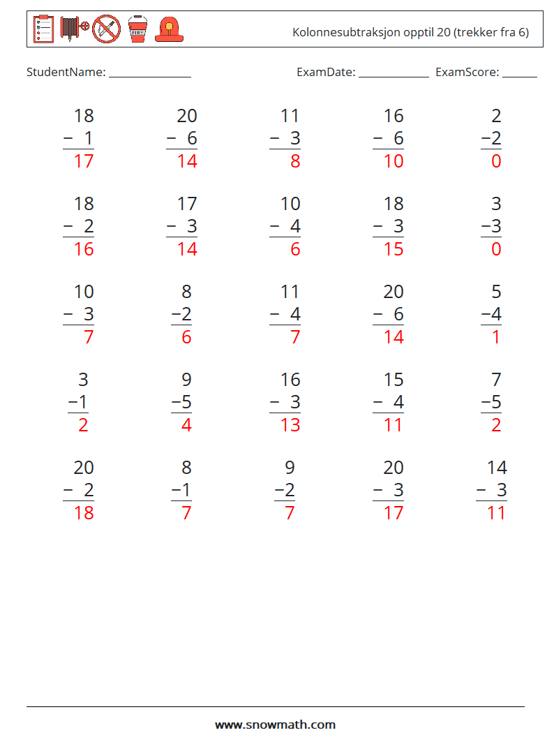 (25) Kolonnesubtraksjon opptil 20 (trekker fra 6) MathWorksheets 10 QuestionAnswer