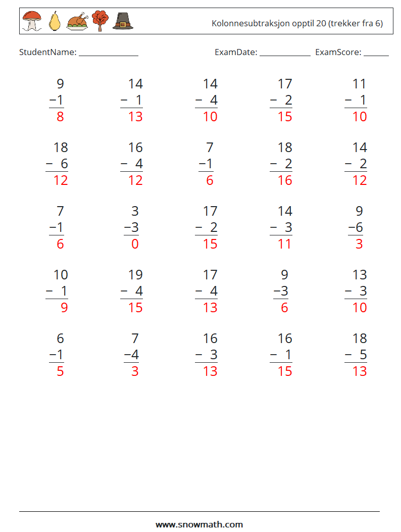 (25) Kolonnesubtraksjon opptil 20 (trekker fra 6) MathWorksheets 11 QuestionAnswer
