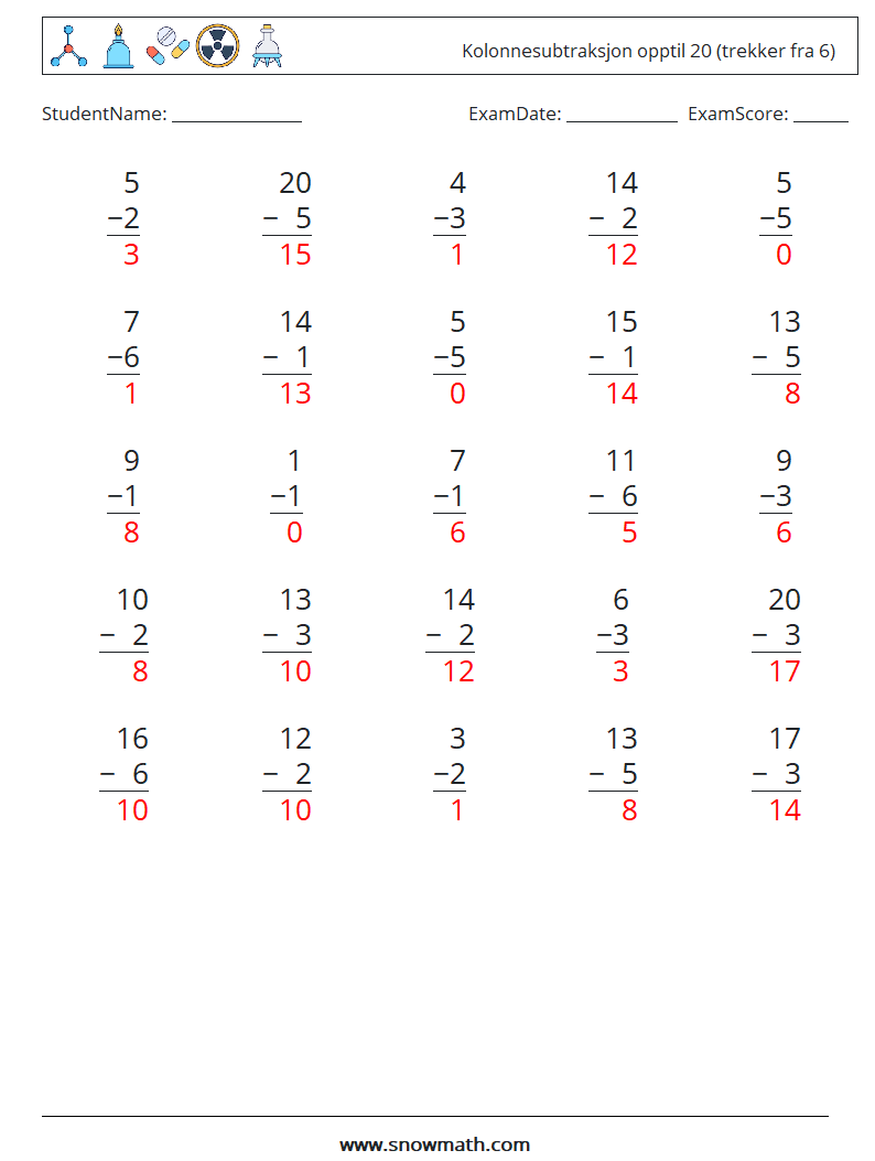 (25) Kolonnesubtraksjon opptil 20 (trekker fra 6) MathWorksheets 12 QuestionAnswer