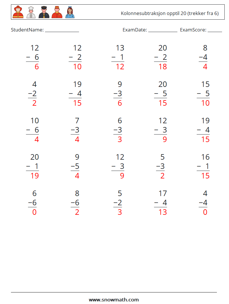 (25) Kolonnesubtraksjon opptil 20 (trekker fra 6) MathWorksheets 13 QuestionAnswer