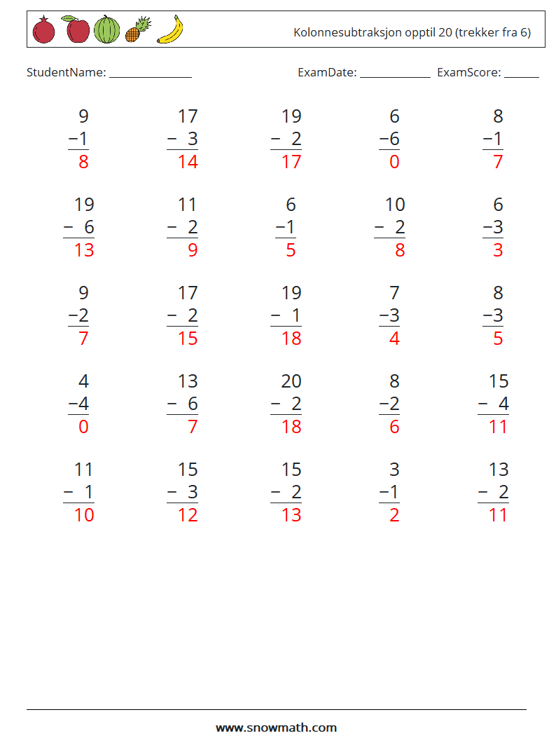 (25) Kolonnesubtraksjon opptil 20 (trekker fra 6) MathWorksheets 14 QuestionAnswer