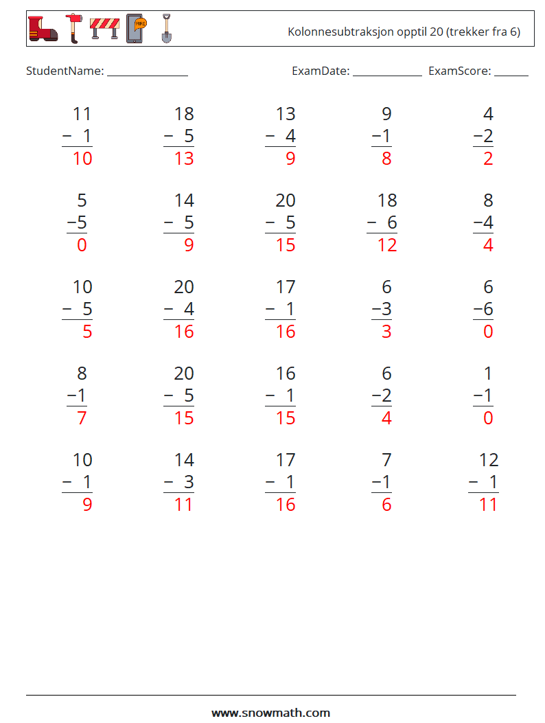 (25) Kolonnesubtraksjon opptil 20 (trekker fra 6) MathWorksheets 15 QuestionAnswer