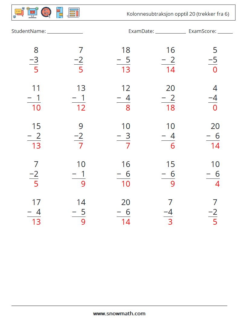(25) Kolonnesubtraksjon opptil 20 (trekker fra 6) MathWorksheets 16 QuestionAnswer