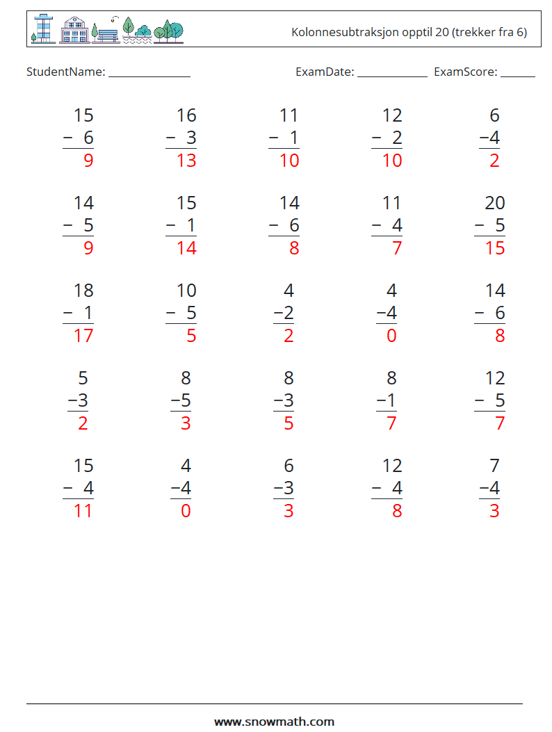 (25) Kolonnesubtraksjon opptil 20 (trekker fra 6) MathWorksheets 17 QuestionAnswer