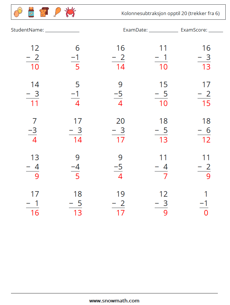 (25) Kolonnesubtraksjon opptil 20 (trekker fra 6) MathWorksheets 18 QuestionAnswer