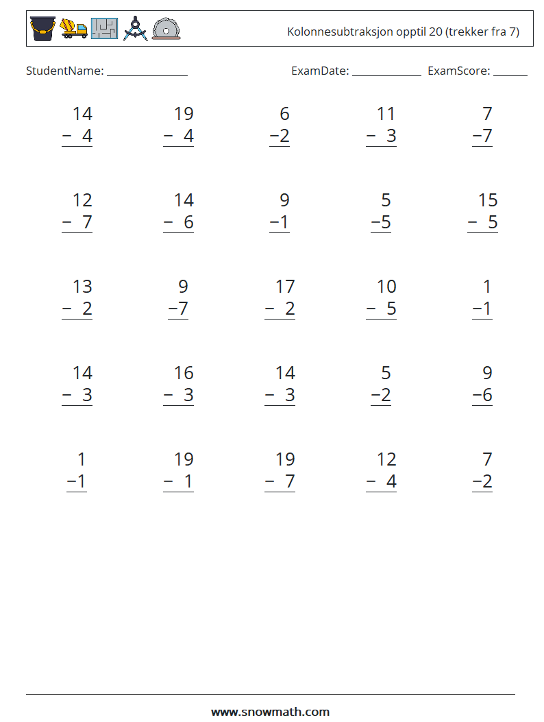 (25) Kolonnesubtraksjon opptil 20 (trekker fra 7) MathWorksheets 1