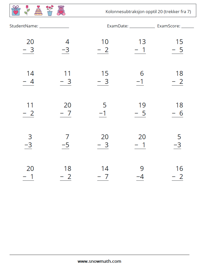 (25) Kolonnesubtraksjon opptil 20 (trekker fra 7) MathWorksheets 11