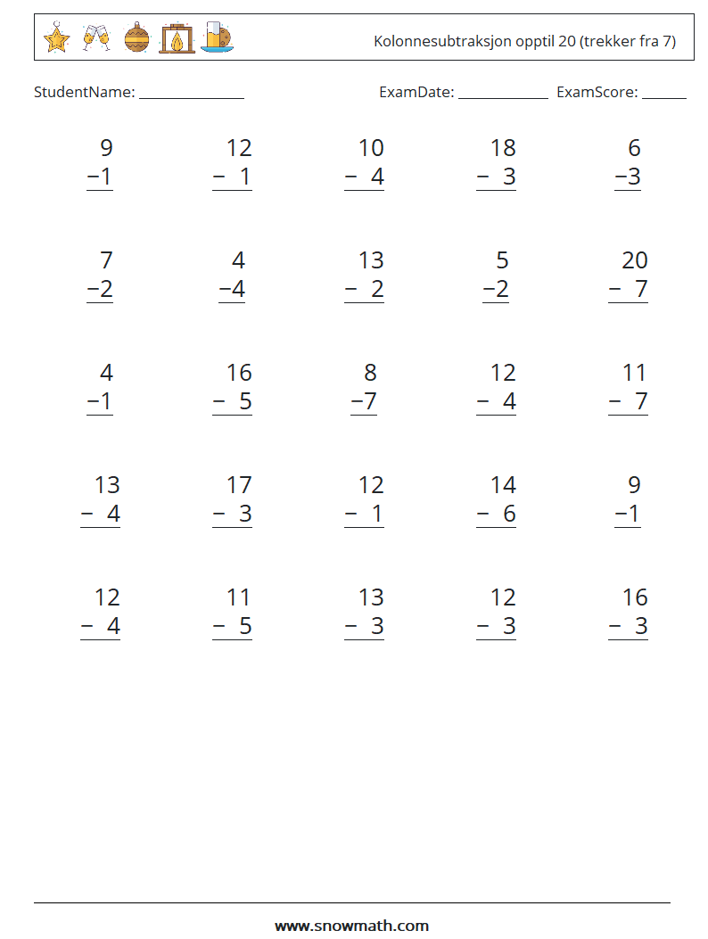 (25) Kolonnesubtraksjon opptil 20 (trekker fra 7) MathWorksheets 12