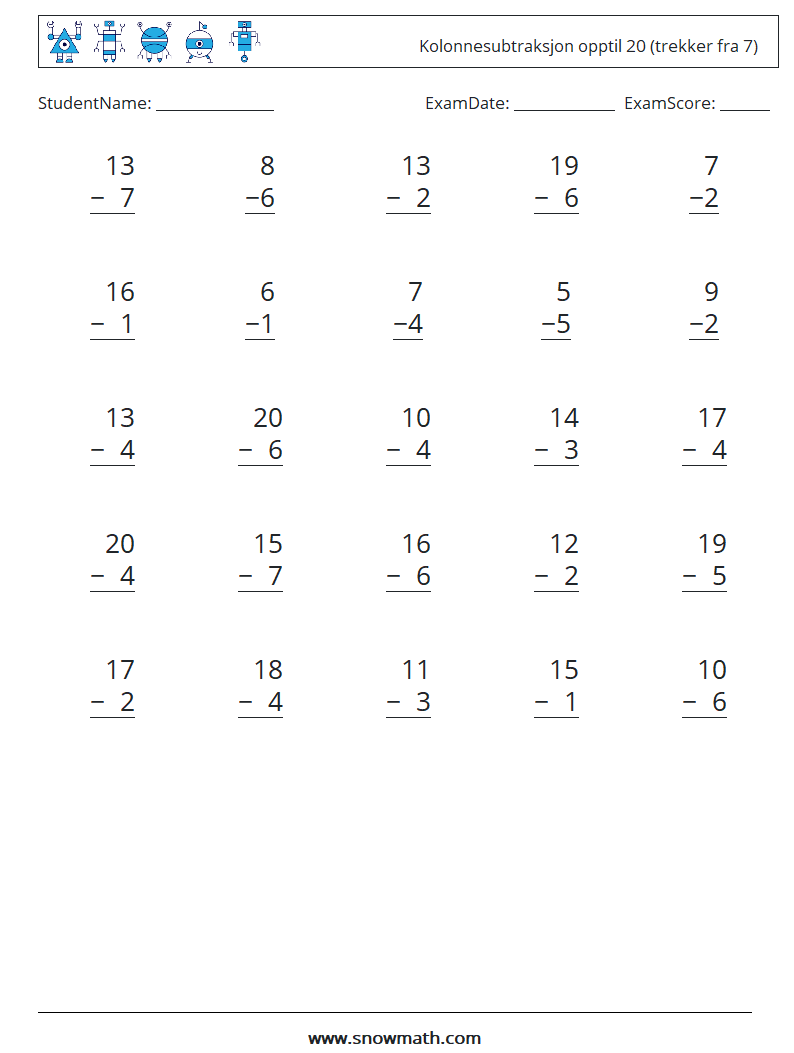 (25) Kolonnesubtraksjon opptil 20 (trekker fra 7) MathWorksheets 13