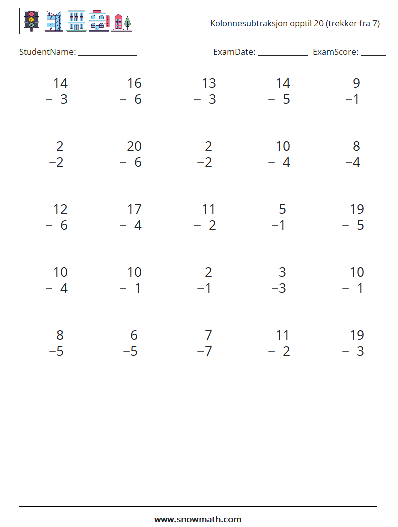 (25) Kolonnesubtraksjon opptil 20 (trekker fra 7) MathWorksheets 18
