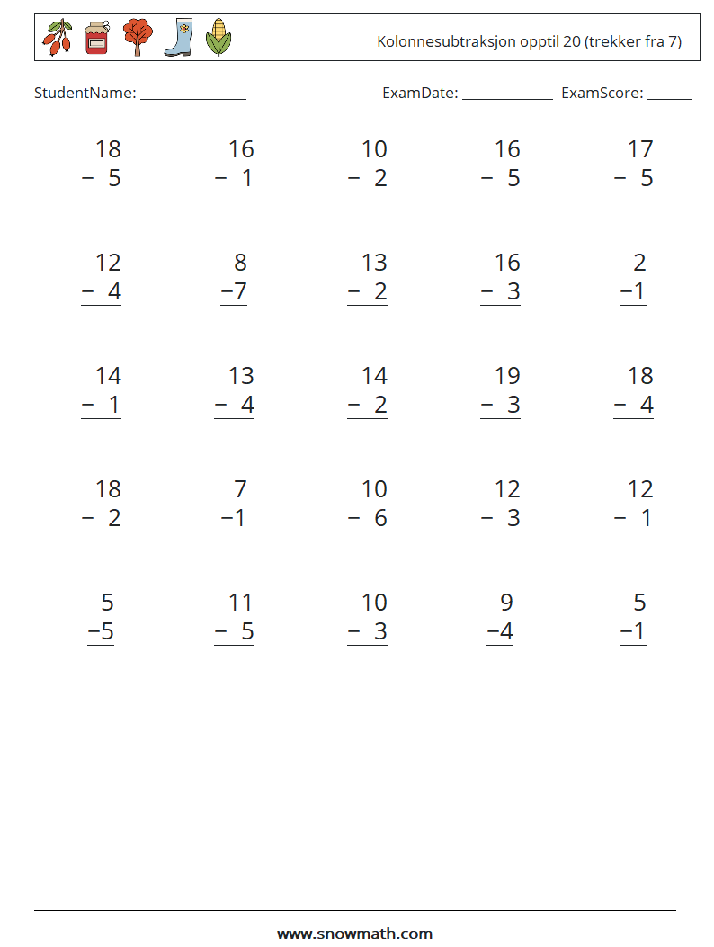 (25) Kolonnesubtraksjon opptil 20 (trekker fra 7) MathWorksheets 2