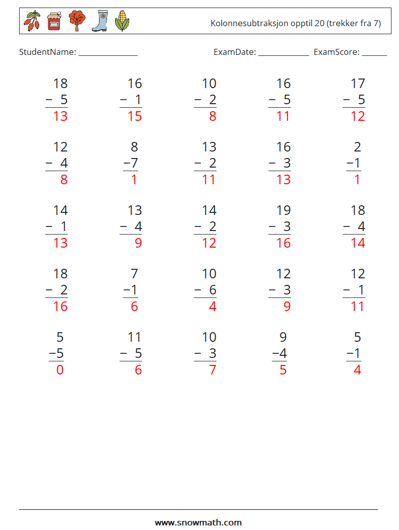 (25) Kolonnesubtraksjon opptil 20 (trekker fra 7) MathWorksheets 2 QuestionAnswer