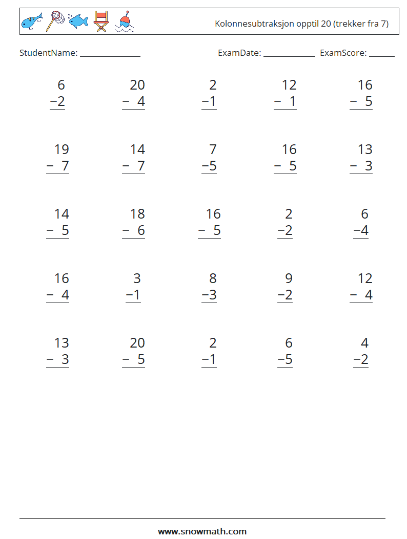 (25) Kolonnesubtraksjon opptil 20 (trekker fra 7) MathWorksheets 3