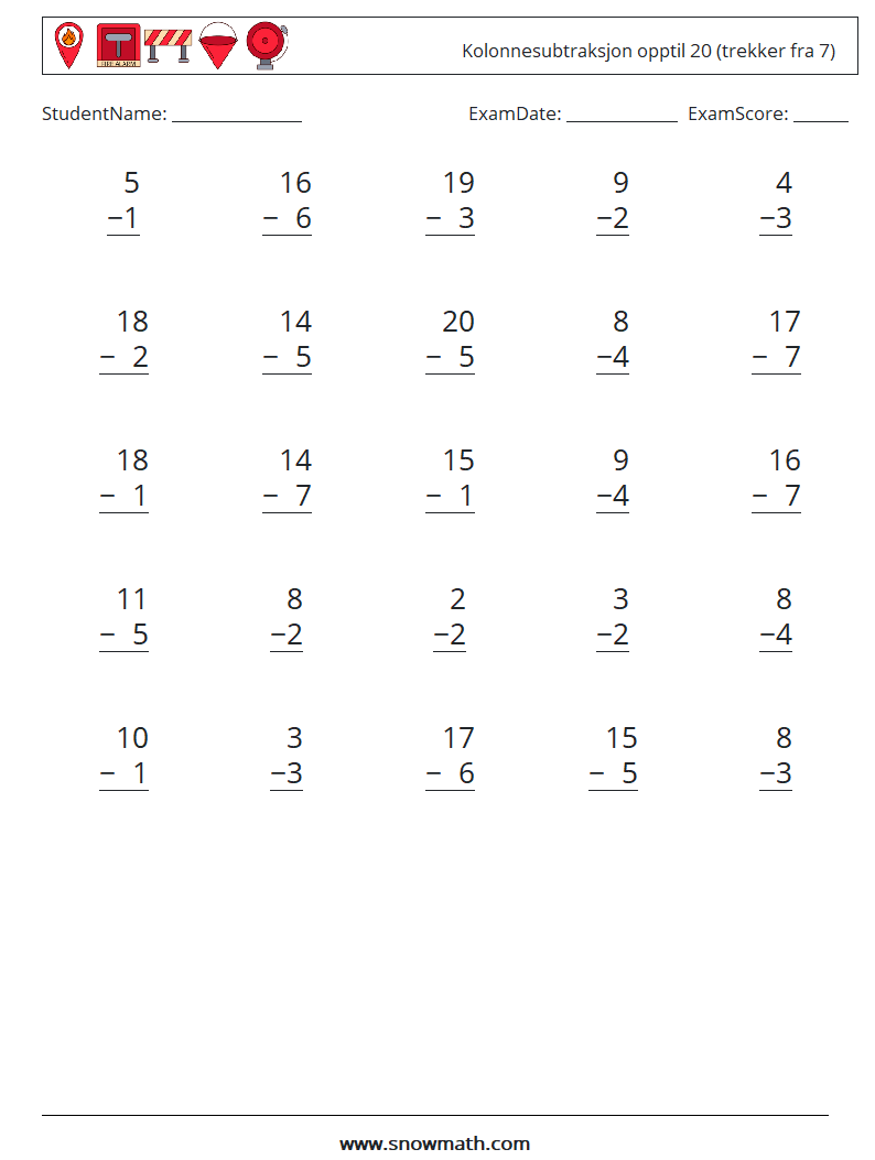 (25) Kolonnesubtraksjon opptil 20 (trekker fra 7) MathWorksheets 4