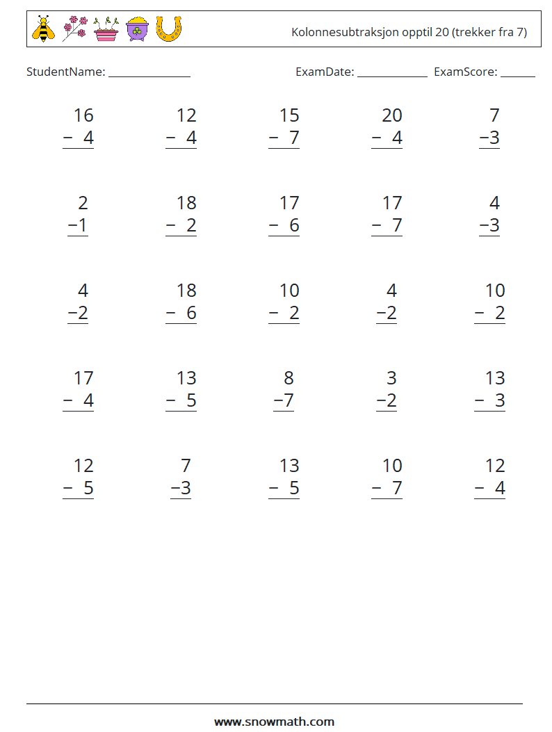 (25) Kolonnesubtraksjon opptil 20 (trekker fra 7) MathWorksheets 5