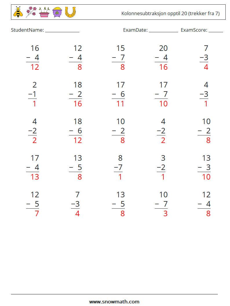 (25) Kolonnesubtraksjon opptil 20 (trekker fra 7) MathWorksheets 5 QuestionAnswer