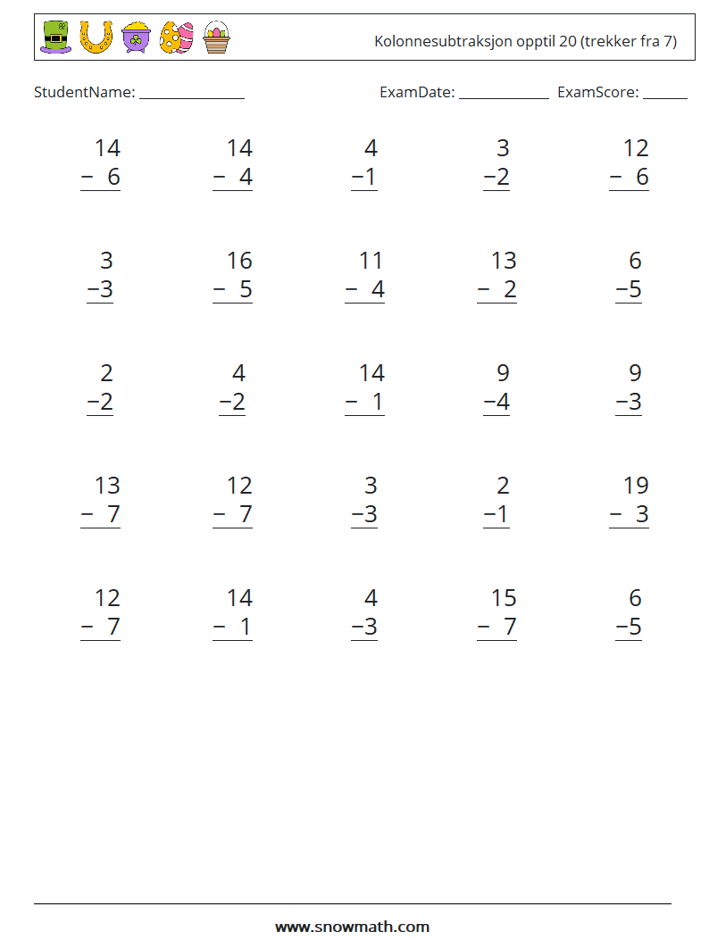 (25) Kolonnesubtraksjon opptil 20 (trekker fra 7) MathWorksheets 6