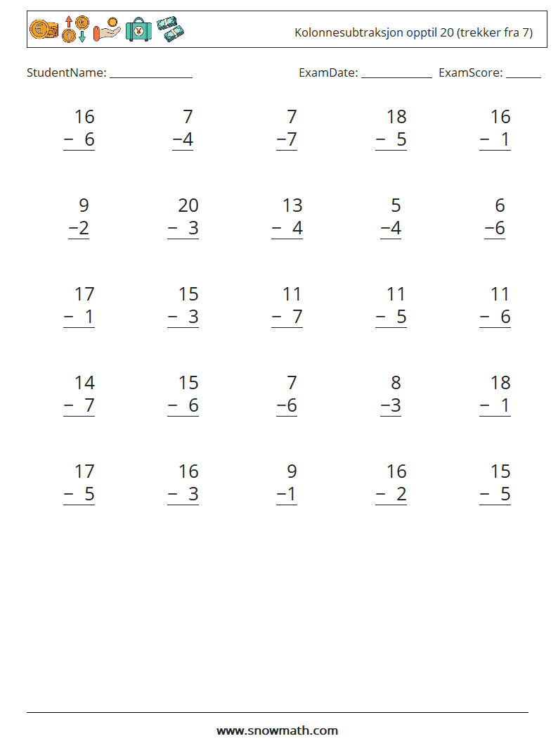 (25) Kolonnesubtraksjon opptil 20 (trekker fra 7) MathWorksheets 7