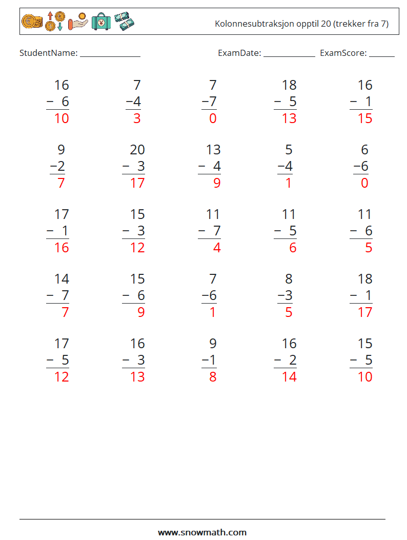 (25) Kolonnesubtraksjon opptil 20 (trekker fra 7) MathWorksheets 7 QuestionAnswer