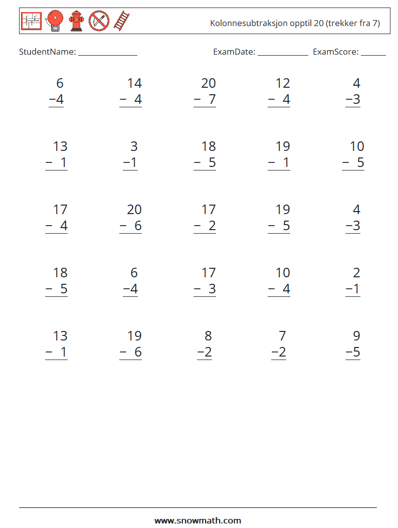 (25) Kolonnesubtraksjon opptil 20 (trekker fra 7) MathWorksheets 8