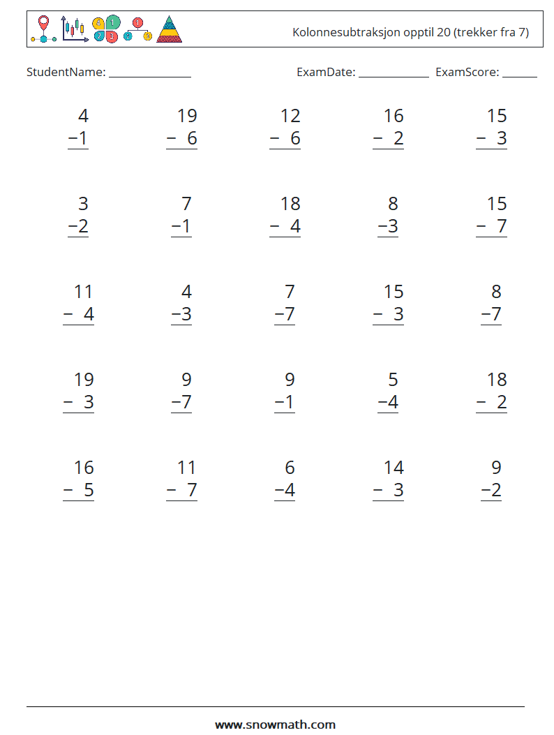 (25) Kolonnesubtraksjon opptil 20 (trekker fra 7) MathWorksheets 9