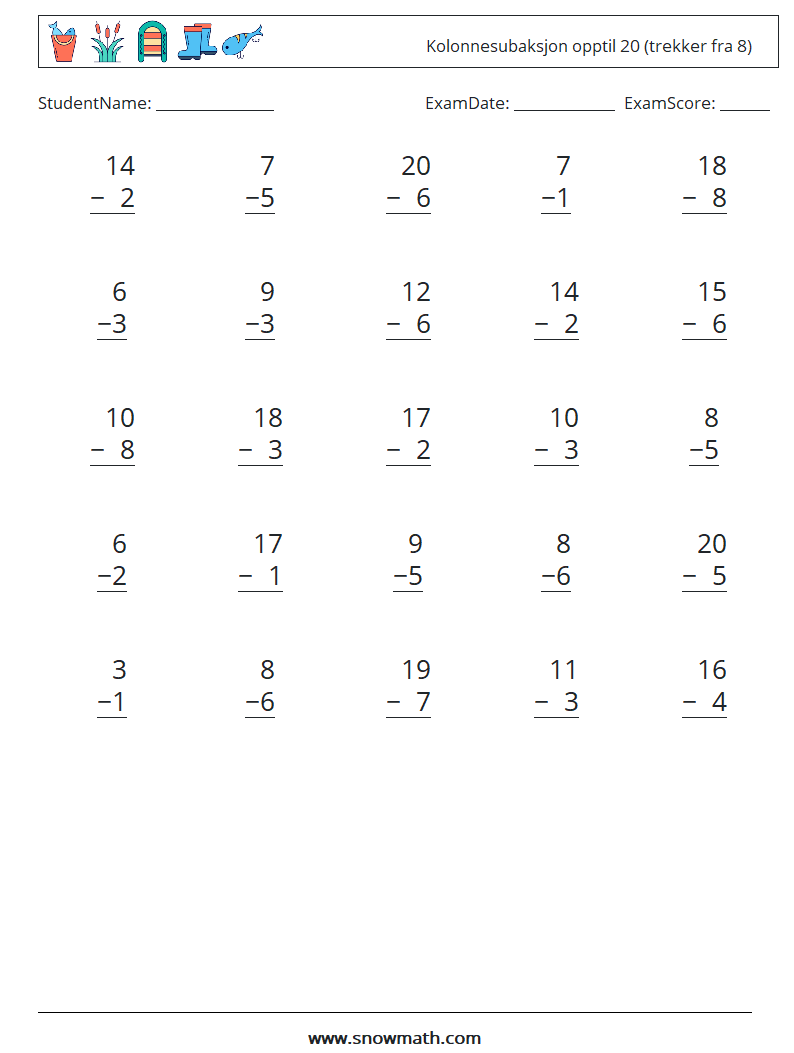 (25) Kolonnesubaksjon opptil 20 (trekker fra 8) MathWorksheets 3