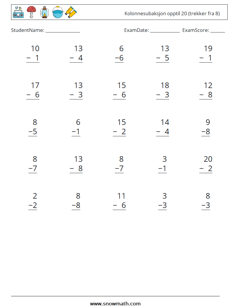 (25) Kolonnesubaksjon opptil 20 (trekker fra 8) MathWorksheets 4