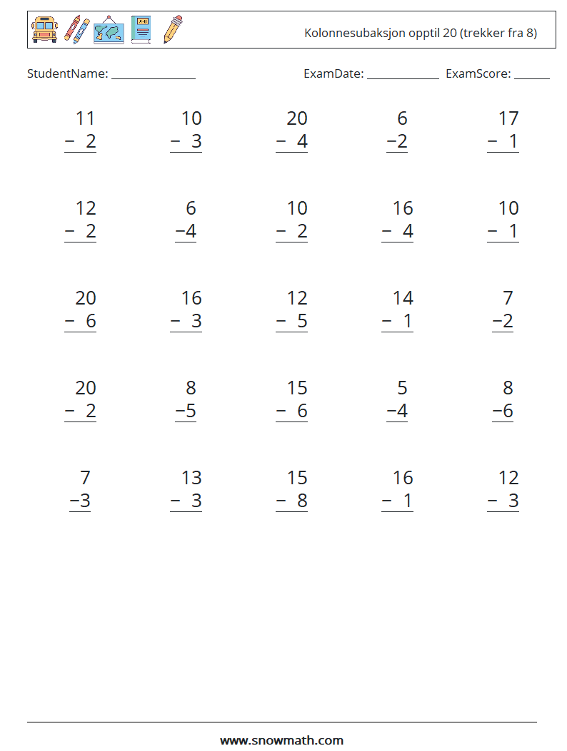 (25) Kolonnesubaksjon opptil 20 (trekker fra 8) MathWorksheets 5
