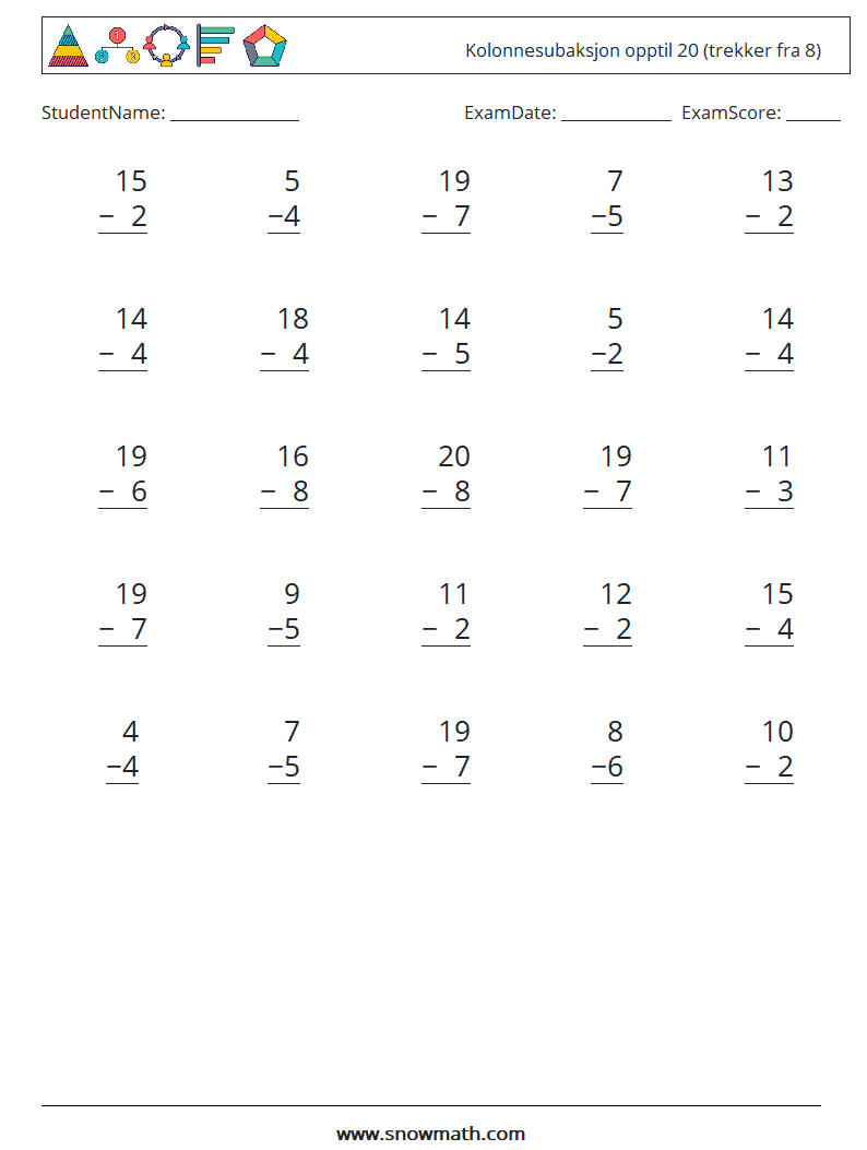 (25) Kolonnesubaksjon opptil 20 (trekker fra 8) MathWorksheets 6