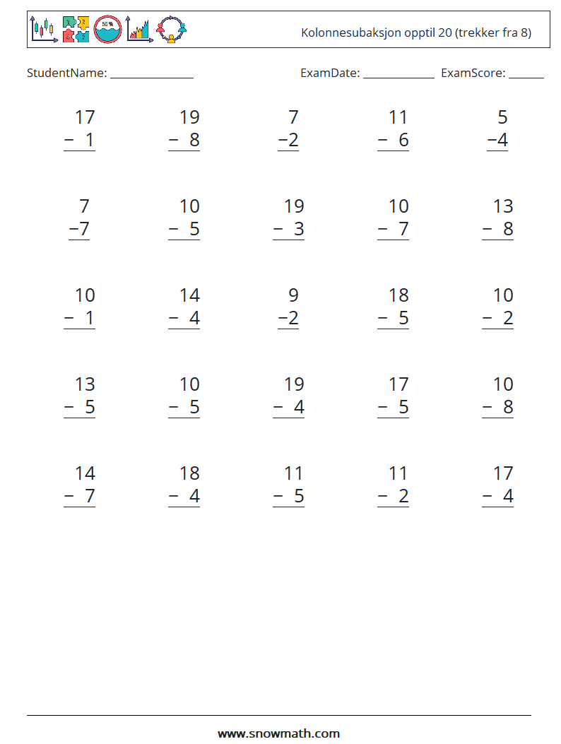(25) Kolonnesubaksjon opptil 20 (trekker fra 8) MathWorksheets 7