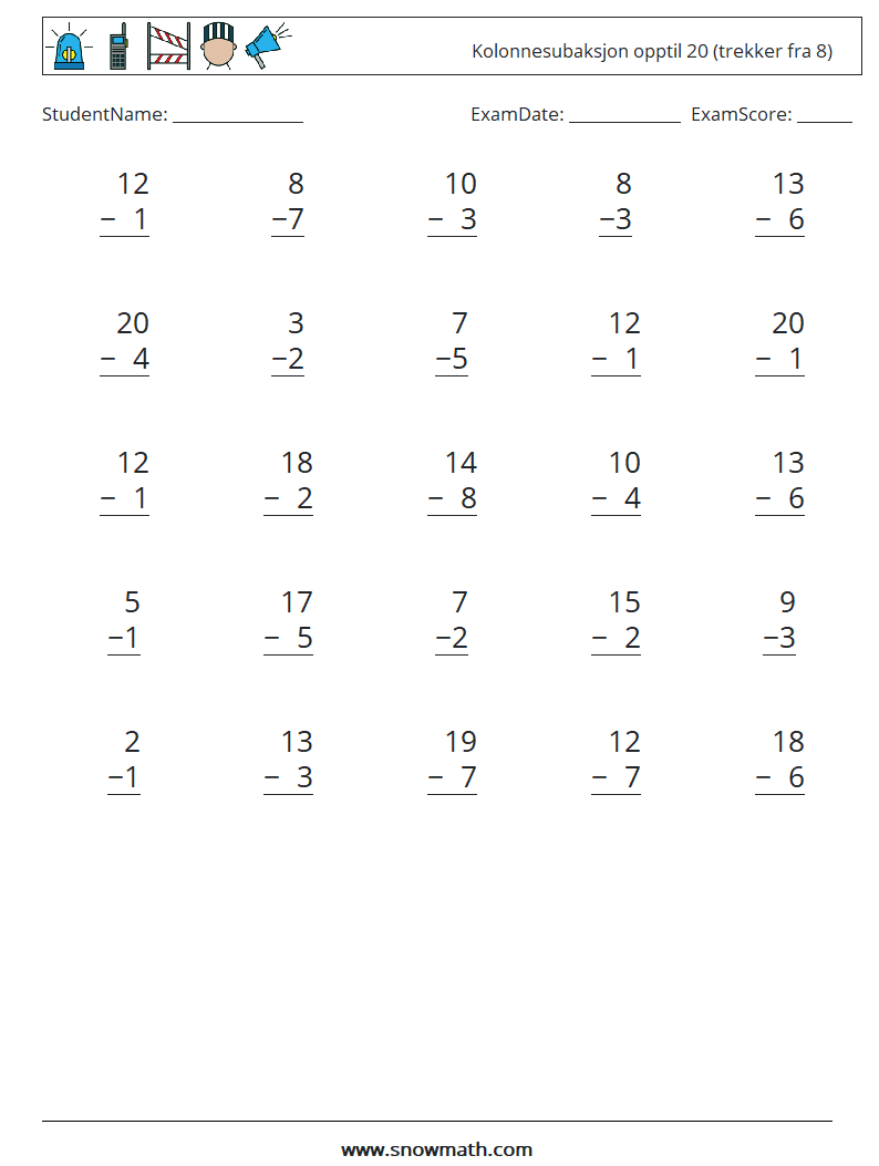 (25) Kolonnesubaksjon opptil 20 (trekker fra 8) MathWorksheets 8