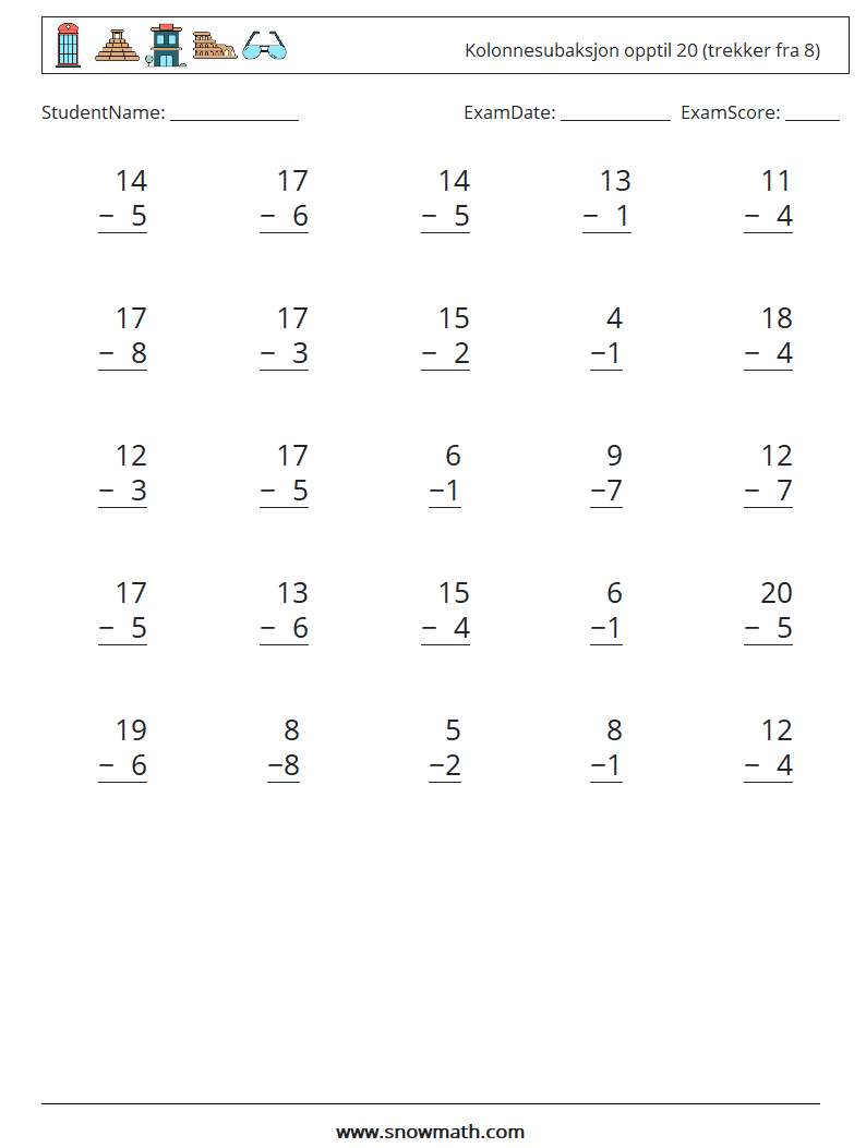 (25) Kolonnesubaksjon opptil 20 (trekker fra 8) MathWorksheets 9