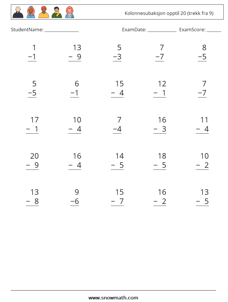 (25) Kolonnesubaksjon opptil 20 (trekk fra 9)