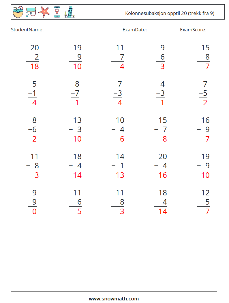 (25) Kolonnesubaksjon opptil 20 (trekk fra 9) MathWorksheets 14 QuestionAnswer