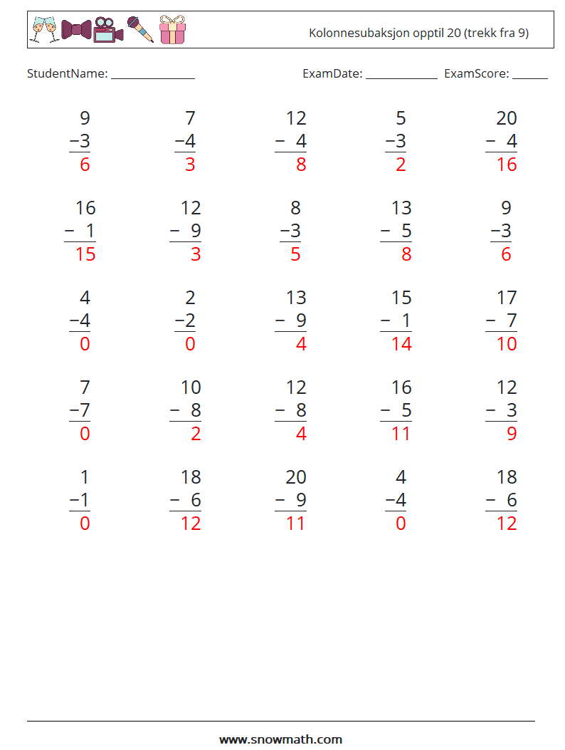 (25) Kolonnesubaksjon opptil 20 (trekk fra 9) MathWorksheets 2 QuestionAnswer