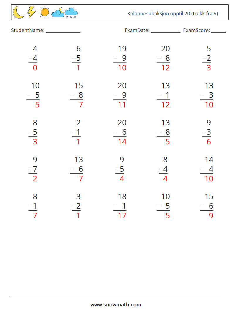 (25) Kolonnesubaksjon opptil 20 (trekk fra 9) MathWorksheets 9 QuestionAnswer