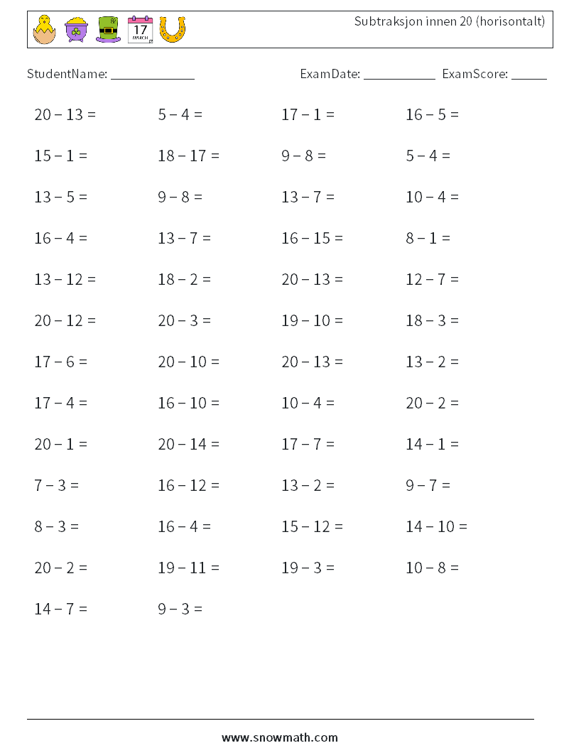 (50) Subtraksjon innen 20 (horisontalt) MathWorksheets 1