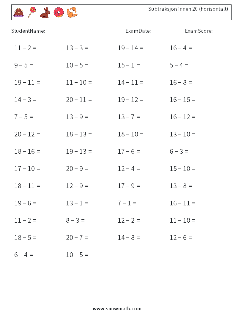 (50) Subtraksjon innen 20 (horisontalt) MathWorksheets 3