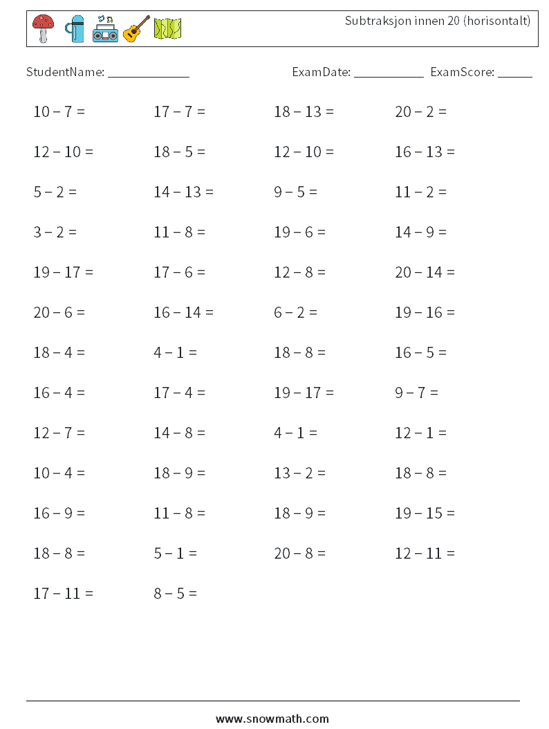 (50) Subtraksjon innen 20 (horisontalt) MathWorksheets 9