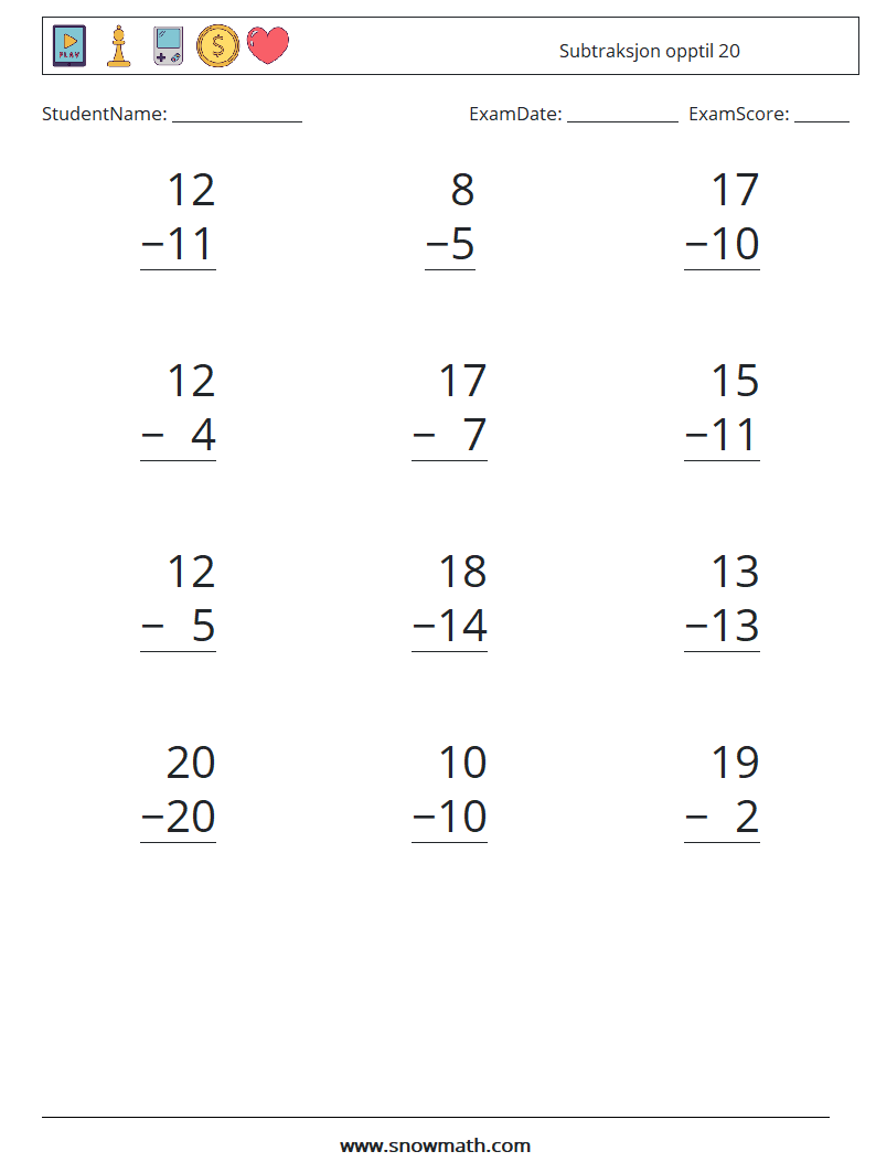 (12) Subtraksjon opptil 20 MathWorksheets 1