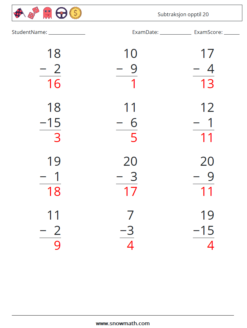 (12) Subtraksjon opptil 20 MathWorksheets 10 QuestionAnswer