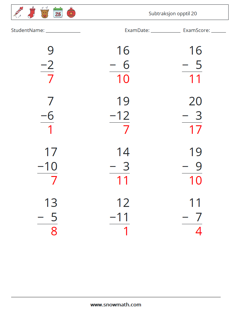 (12) Subtraksjon opptil 20 MathWorksheets 15 QuestionAnswer