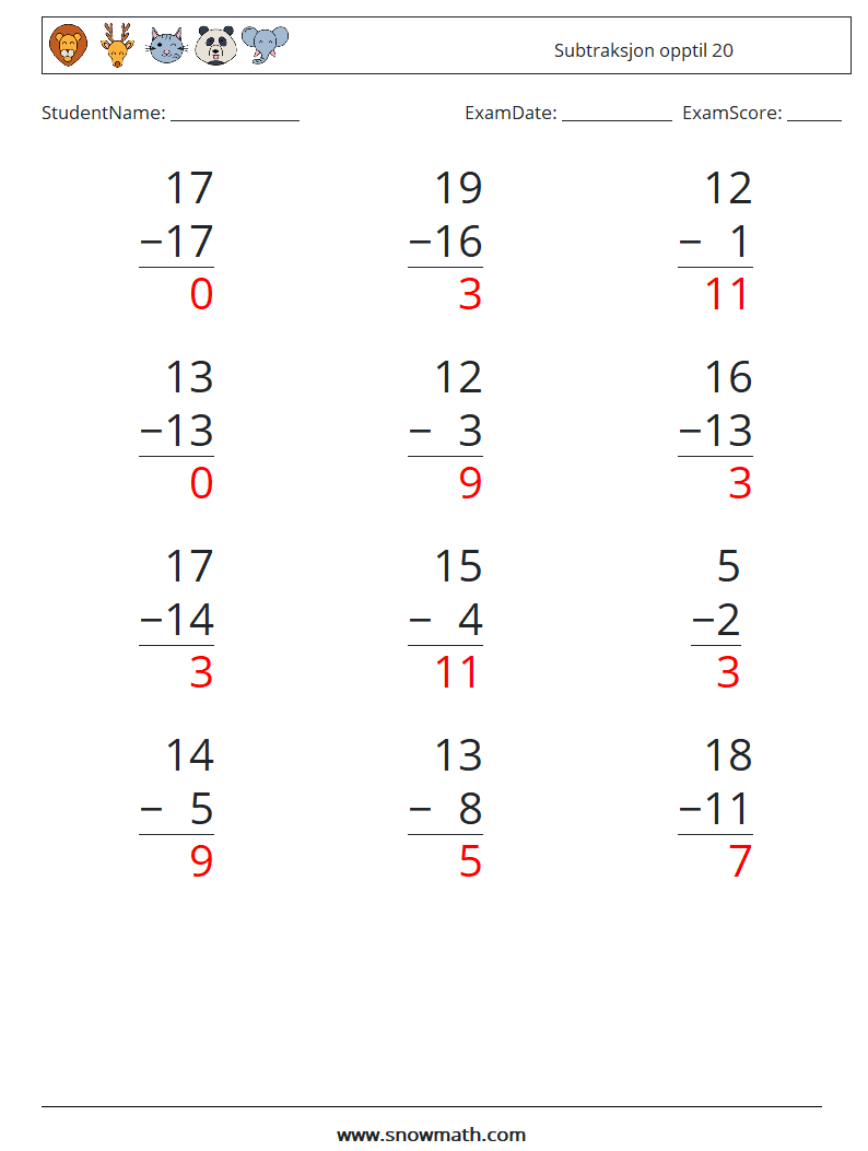 (12) Subtraksjon opptil 20 MathWorksheets 2 QuestionAnswer