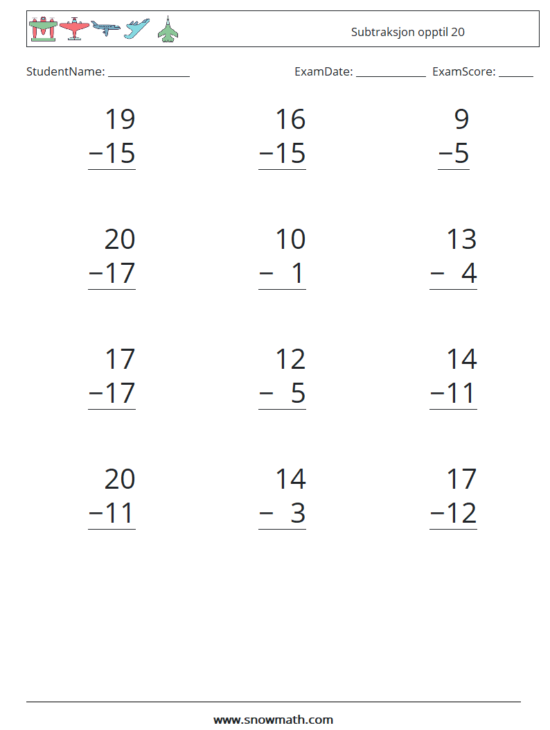 (12) Subtraksjon opptil 20 MathWorksheets 5