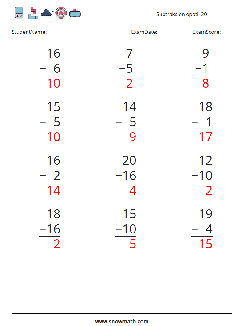 (12) Subtraksjon opptil 20 MathWorksheets 7 QuestionAnswer