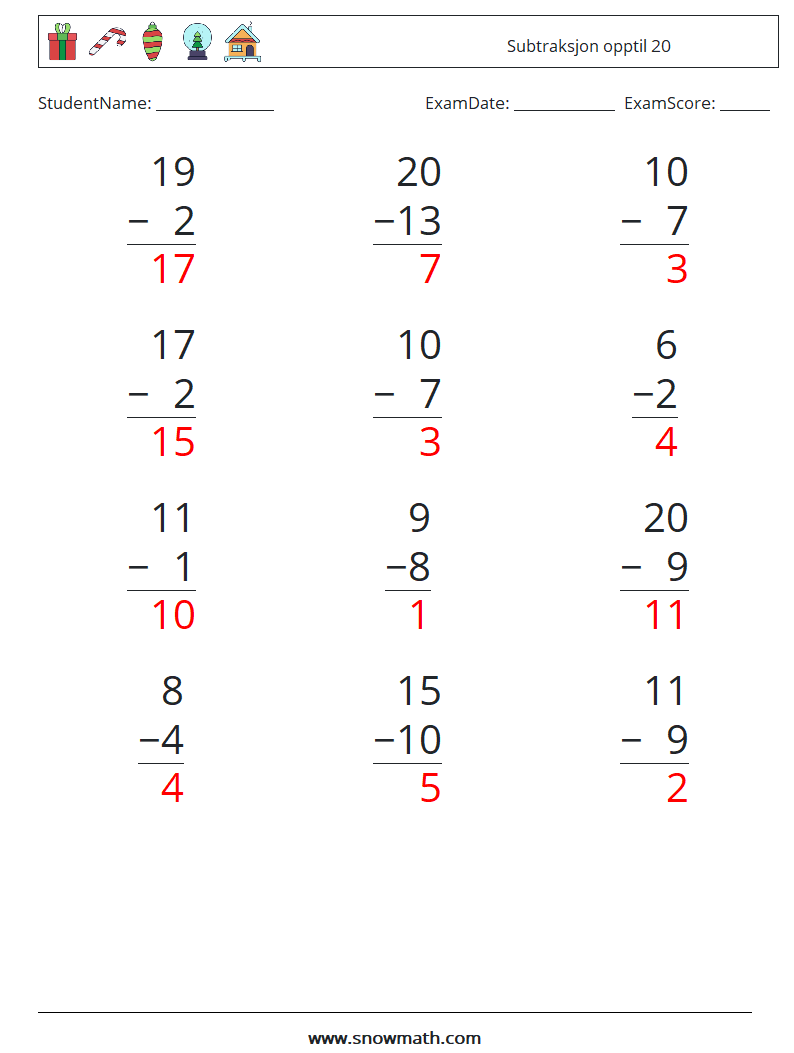 (12) Subtraksjon opptil 20 MathWorksheets 9 QuestionAnswer