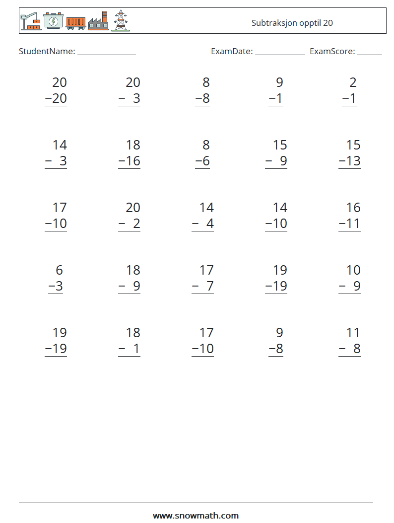 (25) Subtraksjon opptil 20 MathWorksheets 10