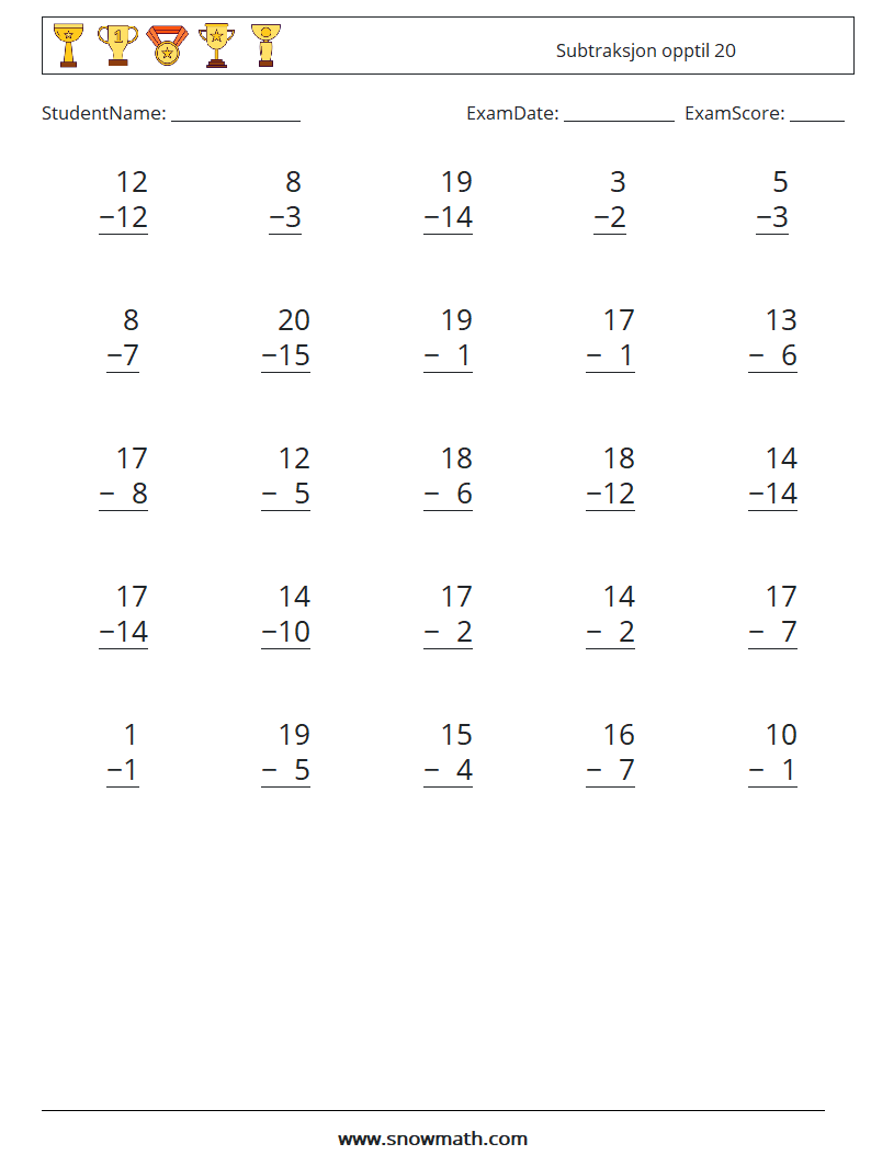 (25) Subtraksjon opptil 20 MathWorksheets 11