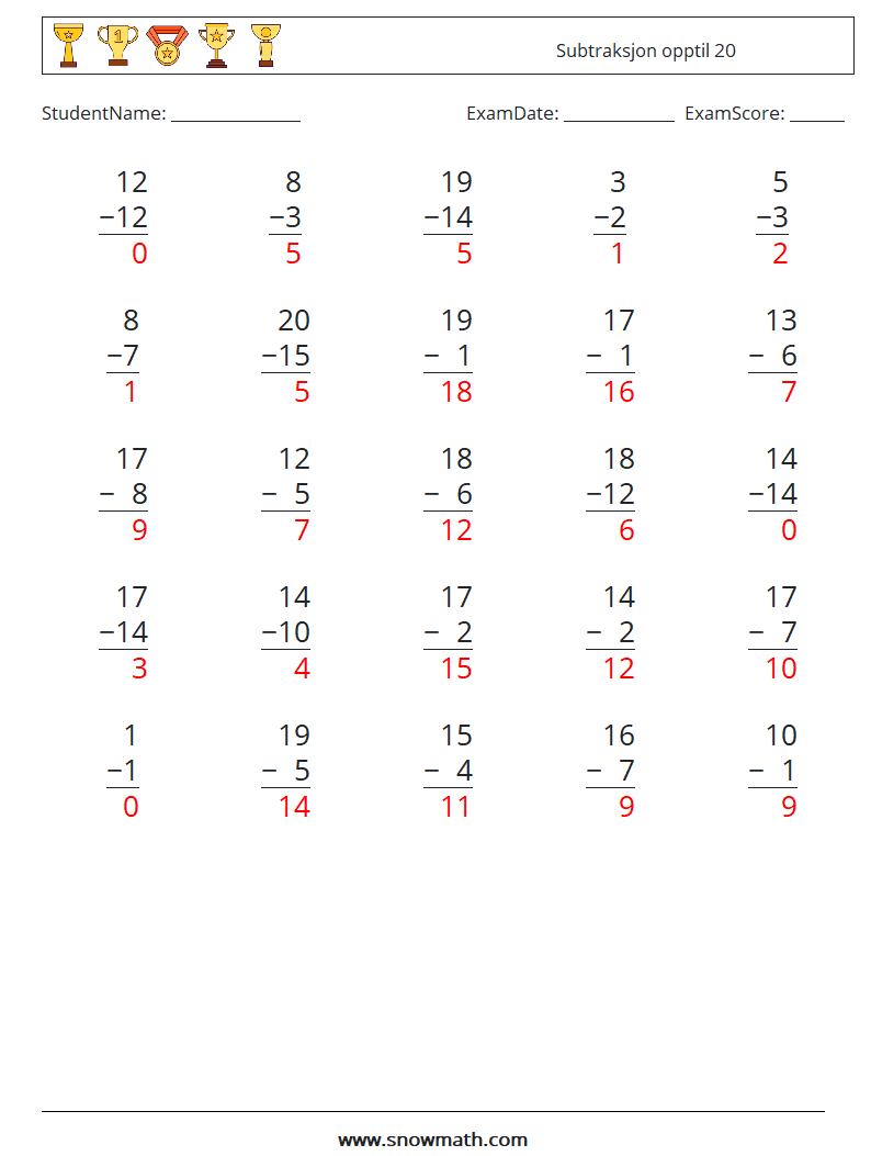 (25) Subtraksjon opptil 20 MathWorksheets 11 QuestionAnswer
