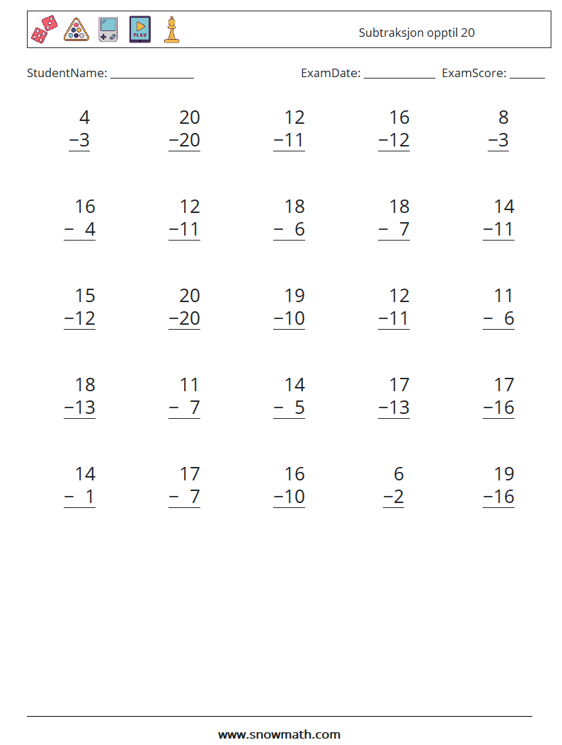 (25) Subtraksjon opptil 20 MathWorksheets 13